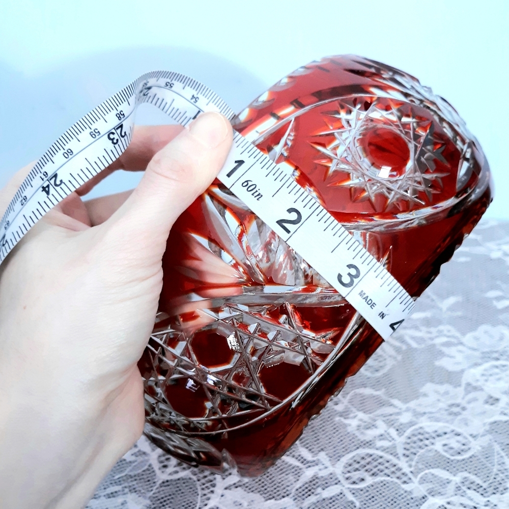 Large Ruby Red Cut to Clear Crystal Glass Centerpiece Bowl for Entertaining - Picture 8 of 16
